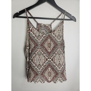 Boho Tribal Print Flowy Tank Top Open Back Brown Teal Sleeveless
